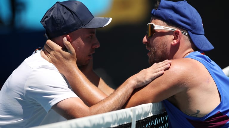 Lapthorne and Alcott embraced at net after their semifinal in Melbourne.