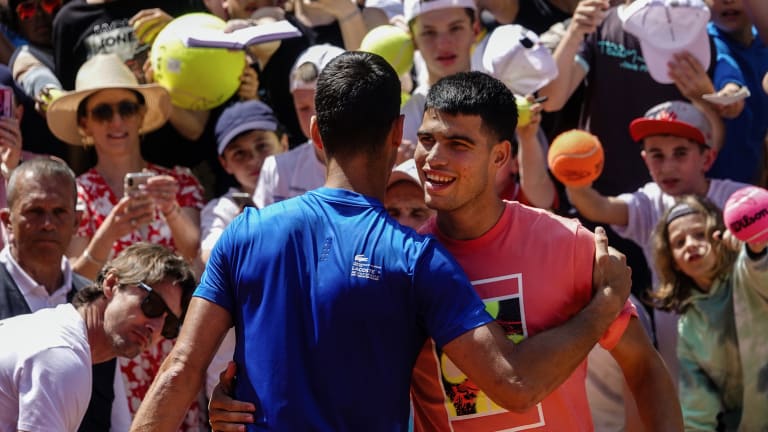 For the second day in a row, Djokovic crossed paths with Carlos Alcaraz. A warm embrace followed.