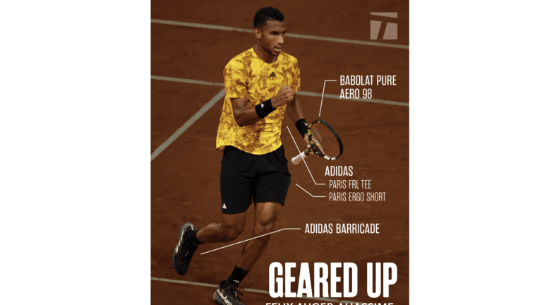 Auger-Aliassime pairs Adidas apparel with a Babolat racquet.